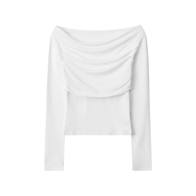 Off-Shoulder Long-Sleeved Plain Slim-Fit T-Shirt