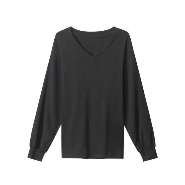 V-Neck Long-Sleeved Plain Lace-Up Back T-Shirt