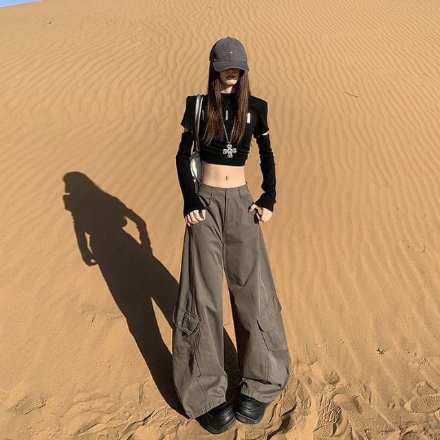 Mid Rise Plain Barrel Leg Baggy Cargo Pants (Various Designs)