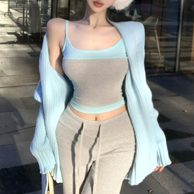 Striped Crop Cami, Flared Pants, and Ribbed Cardigan Set