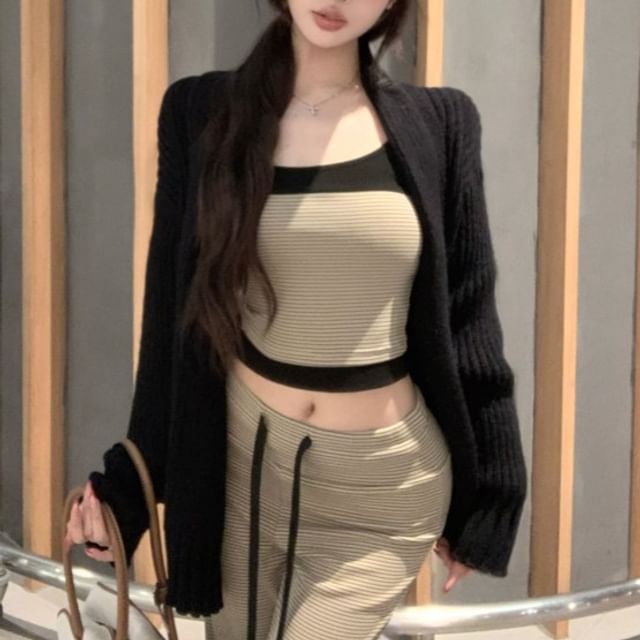 Striped Crop Cami, Flared Pants, and Ribbed Cardigan Set