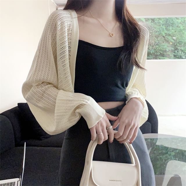 Perforated Open Front Plain Crop Cardigan