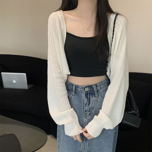 Perforated Open Front Plain Crop Cardigan