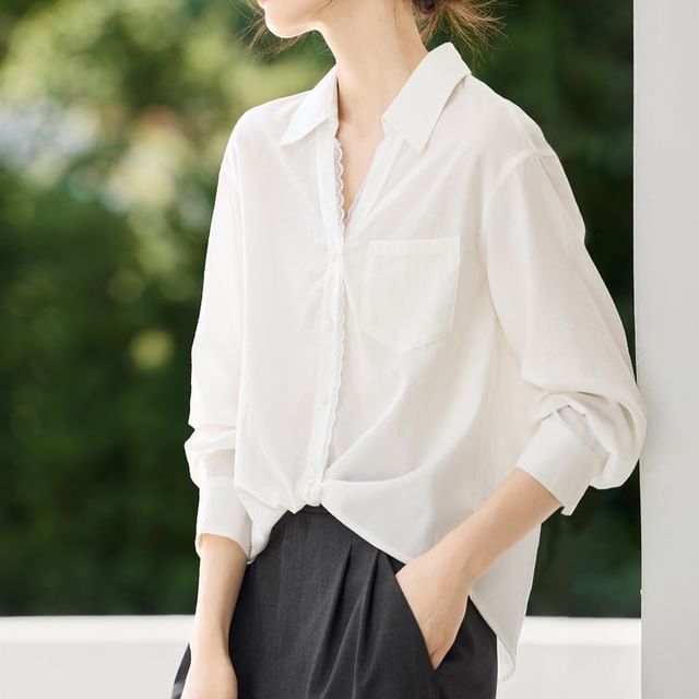 Long-Sleeve V-Neck Collared Lace Trim Button-Up Blouse