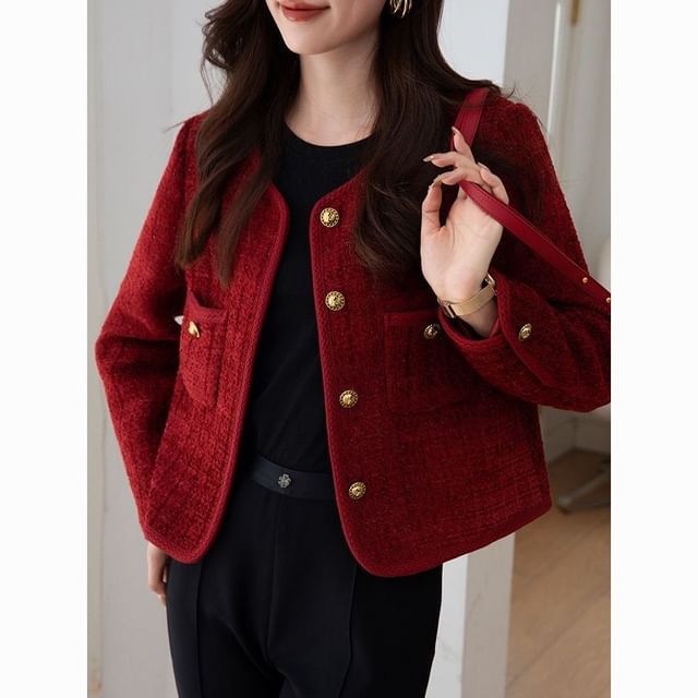Crew Neck Button-Up Plain Tweed Jacket