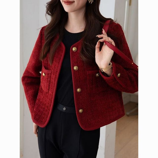 Crew Neck Button-Up Plain Tweed Jacket