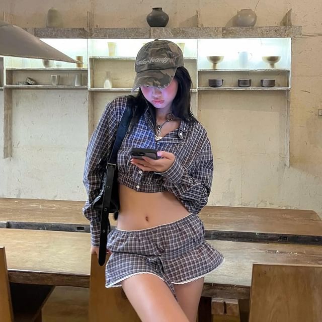 Plaid Button-Up Crop Shirt & Low Waist Lace Trim Mini Skirt