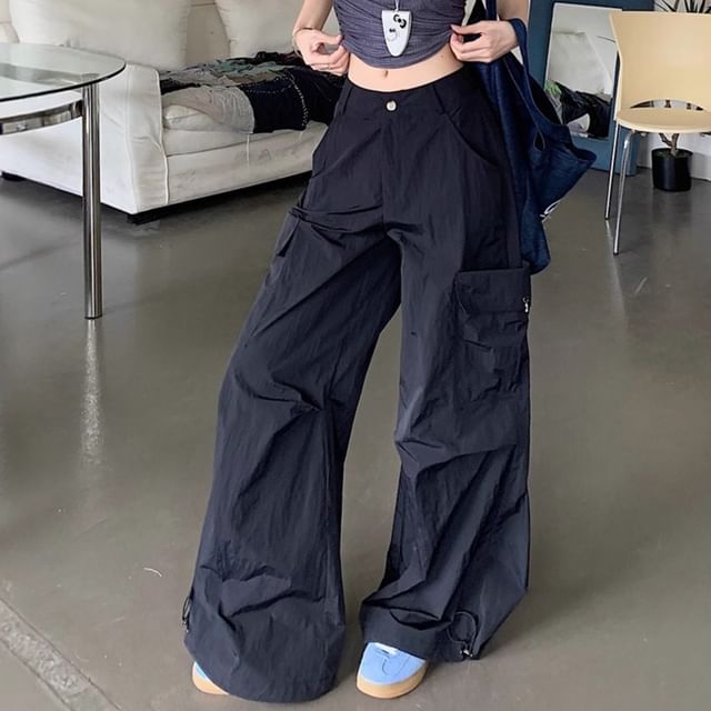 Mid Waist Plain Baggy Cargo Pants