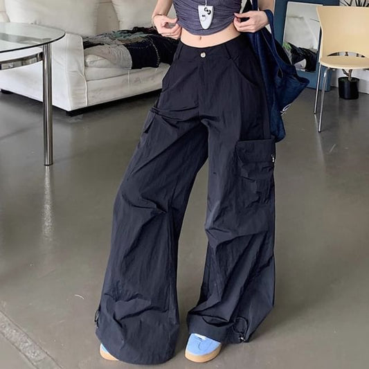 Mid Waist Plain Baggy Cargo Pants