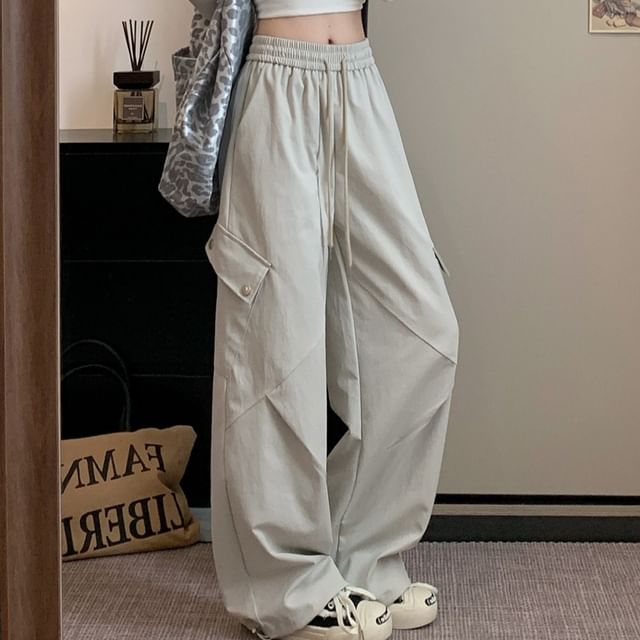 Drawstring Waist Plain Baggy Cargo Pants