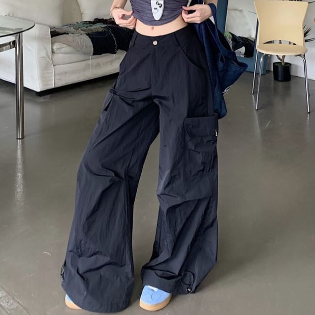 Mid Waist Plain Baggy Cargo Pants
