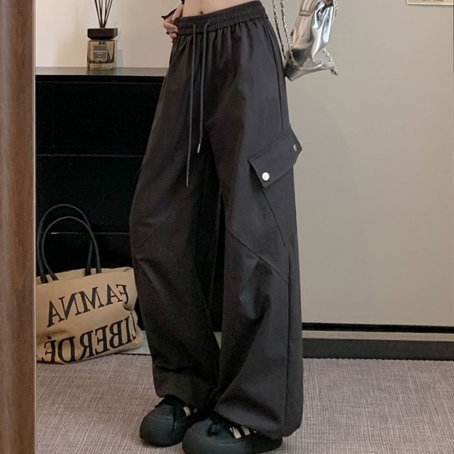 Drawstring Waist Plain Baggy Cargo Pants