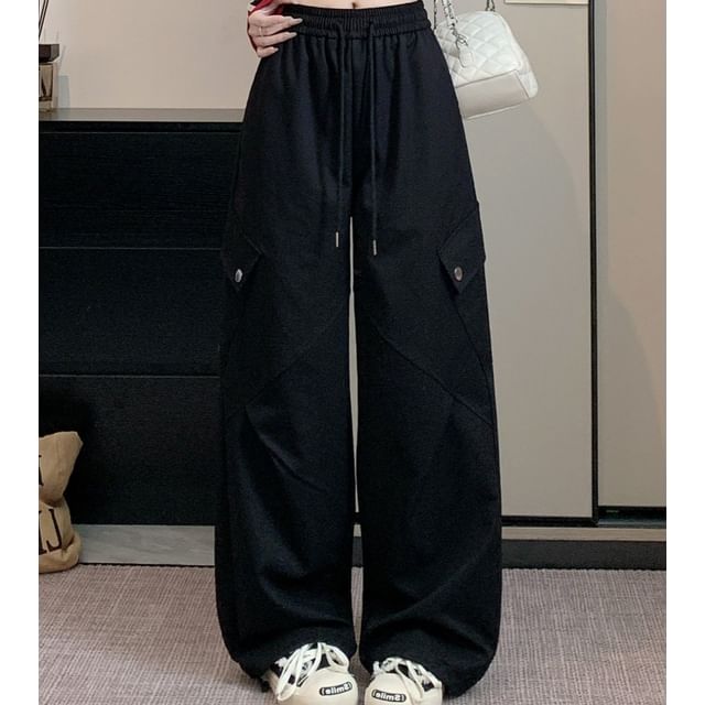 Drawstring Waist Plain Baggy Cargo Pants