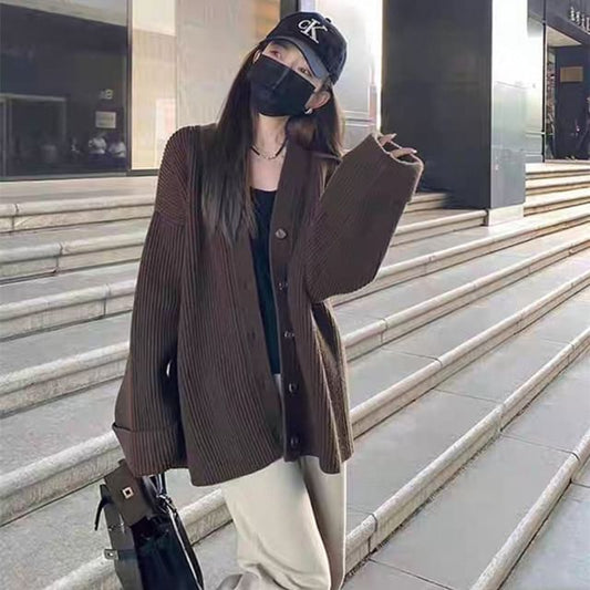 Drop-Shoulder Ribbed Plain Knit Cardigan