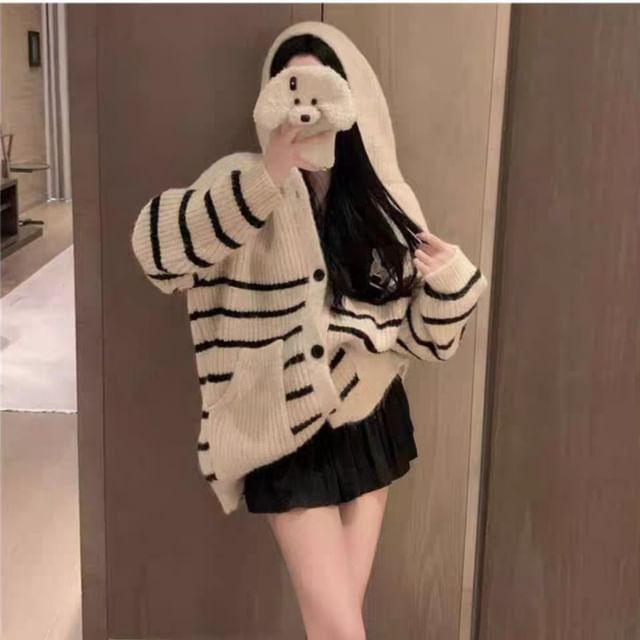 Hooded Striped Ribbed Knit Cardigan