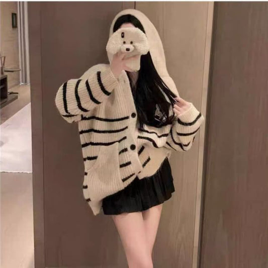 Hooded Striped Ribbed Knit Cardigan