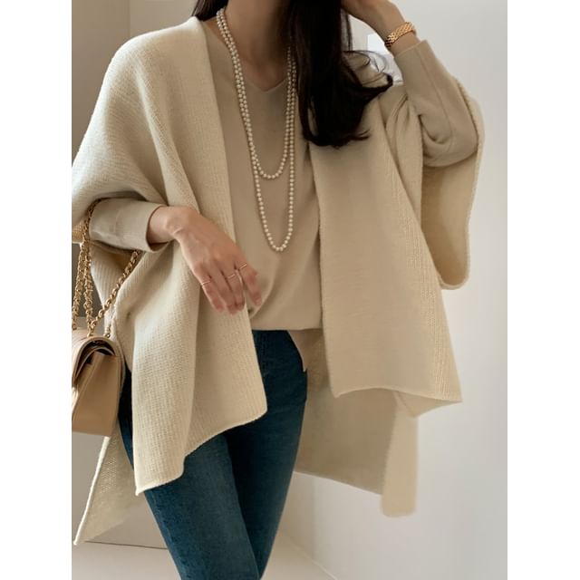 Flared-Sleeve Open Front Plain Cardigan