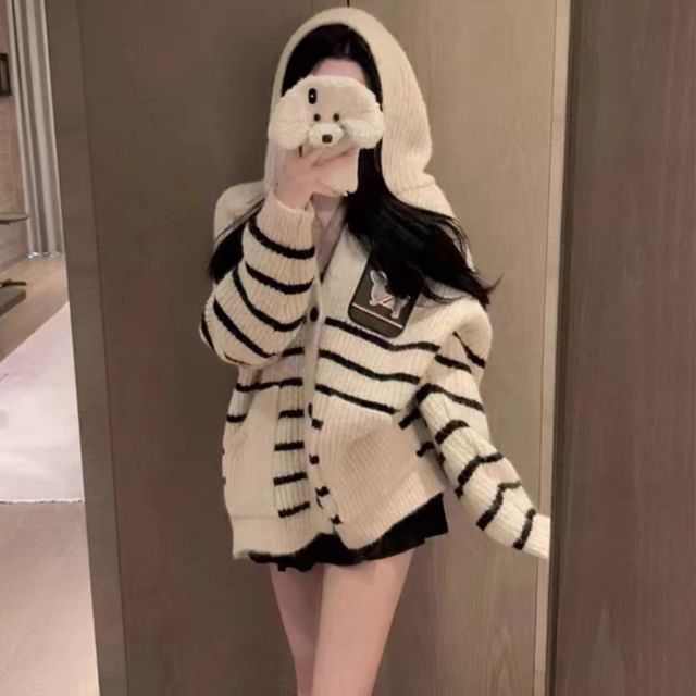 Hooded Striped Ribbed Knit Cardigan