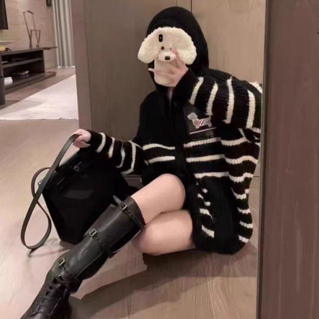 Hooded Striped Ribbed Knit Cardigan