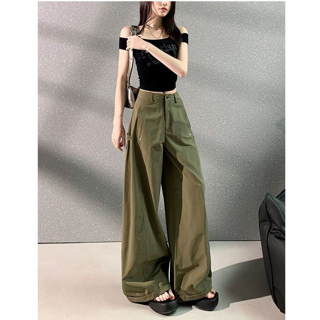 Mid Rise Plain Wide Leg Cargo Pants (Various Designs)