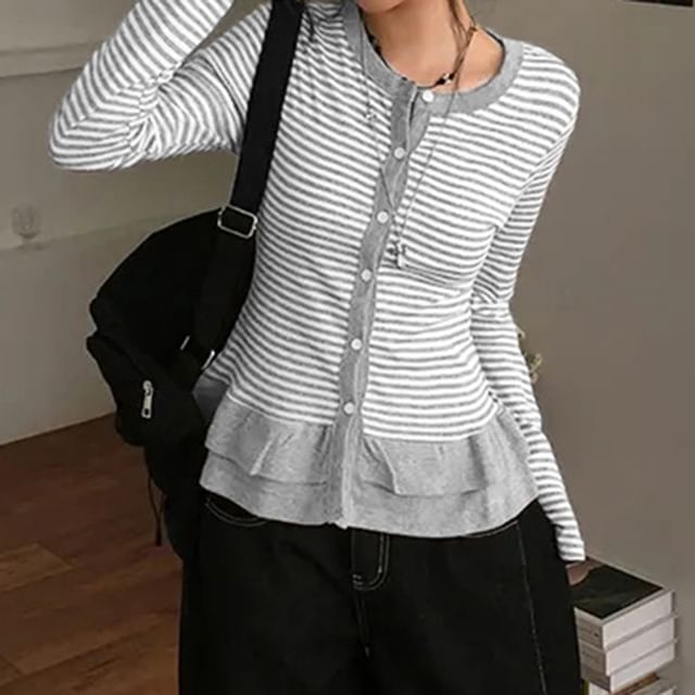 Crew Neck Striped Slim-Fit Long Sleeve Cardigan