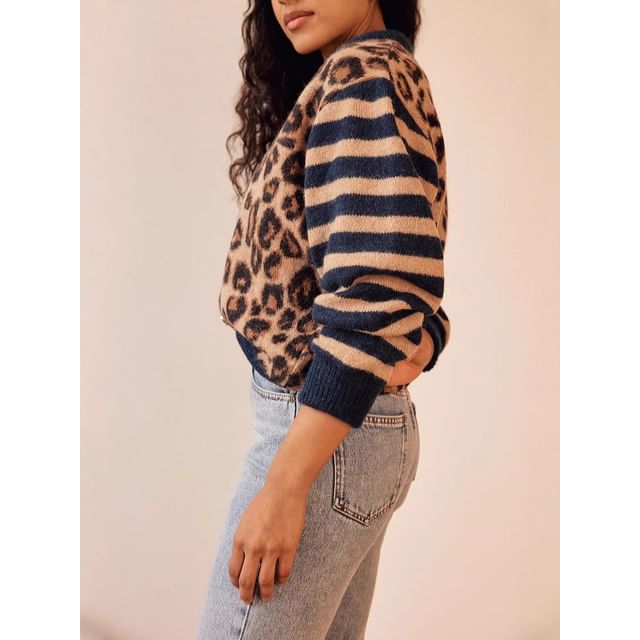 Leopard Print Striped Long Sleeve V-Neck Loose Cardigan