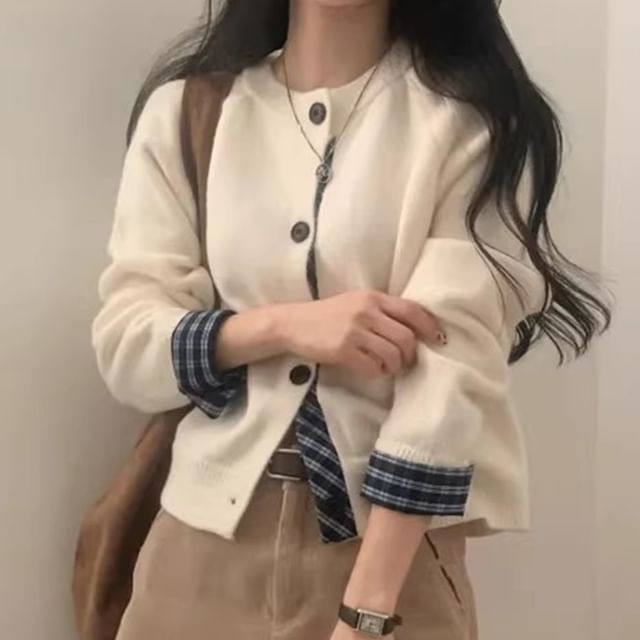Plaid Panel Round Neck Cardigan