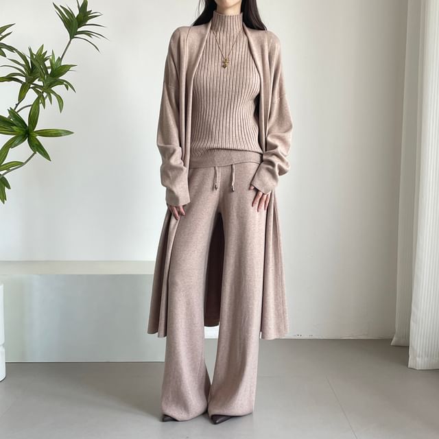 Ribbed Knit Turtleneck Tank Top & Open Front Cardigan & Drawstring Waist Wide Leg Pants Set
