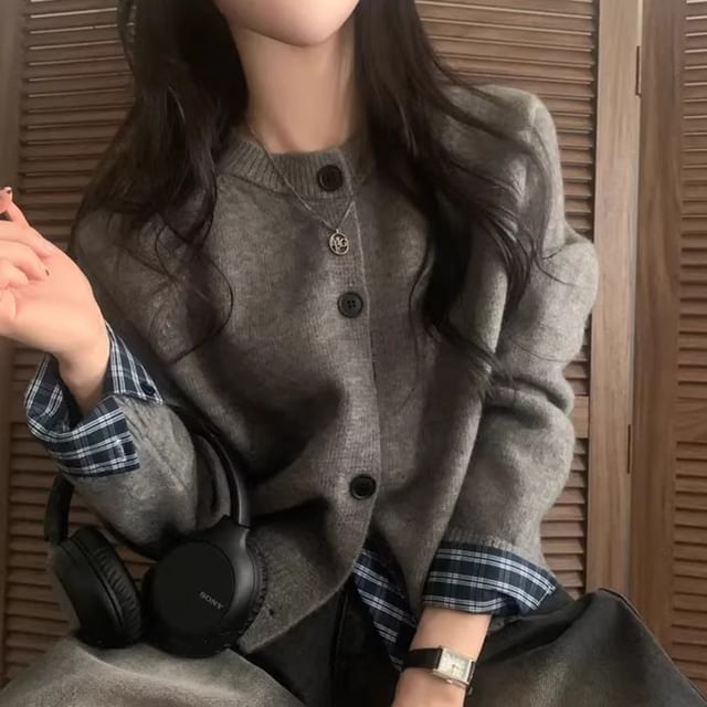 Plaid Panel Round Neck Cardigan