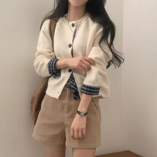 Plaid Panel Round Neck Cardigan