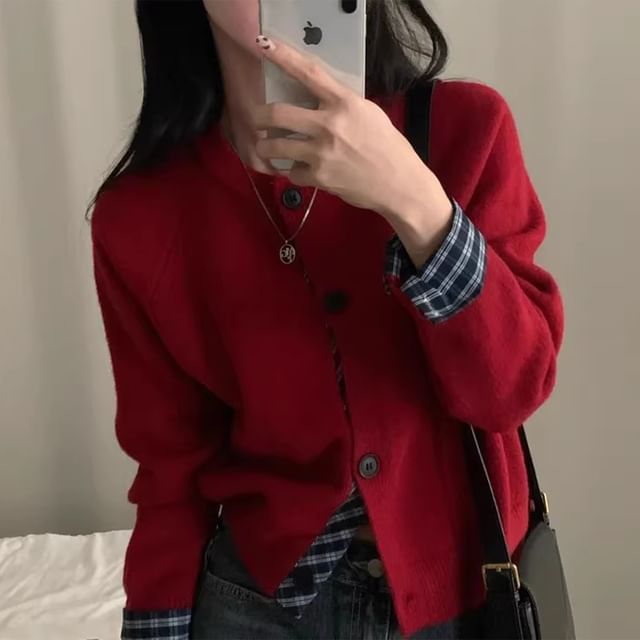 Plaid Panel Round Neck Cardigan