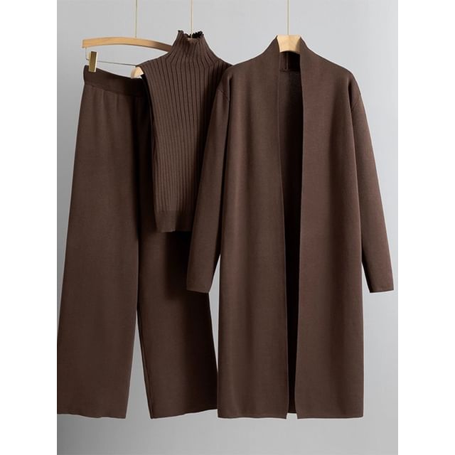 Ribbed Knit Turtleneck Tank Top & Open Front Cardigan & Drawstring Waist Wide Leg Pants Set