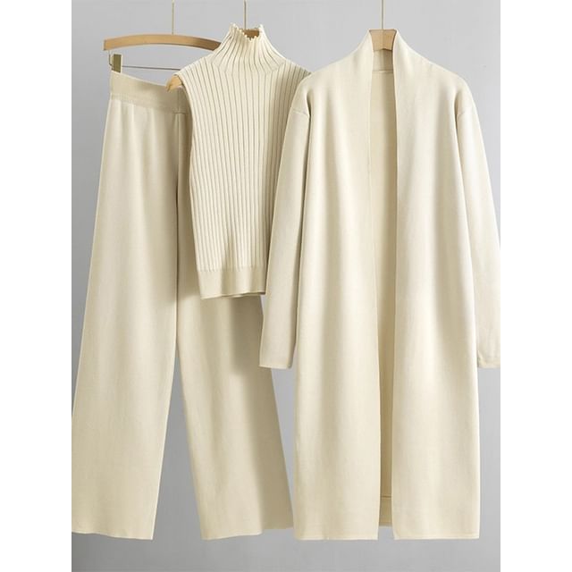 Ribbed Knit Turtleneck Tank Top & Open Front Cardigan & Drawstring Waist Wide Leg Pants Set