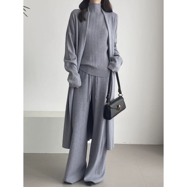 Ribbed Knit Turtleneck Tank Top & Open Front Cardigan & Drawstring Waist Wide Leg Pants Set