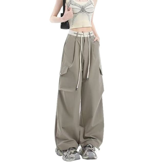 Drawstring Waist Contrast Trim Baggy Cargo Pants