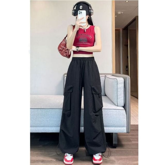 Drawstring Waist Plain Wide Leg Cargo Pants