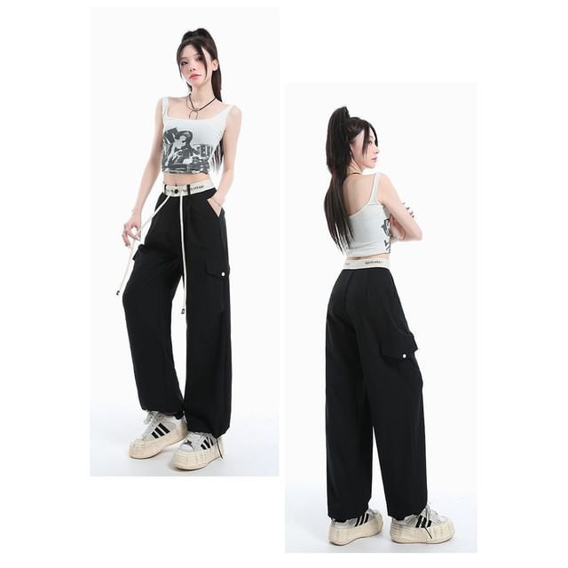 Drawstring Waist Contrast Trim Baggy Cargo Pants