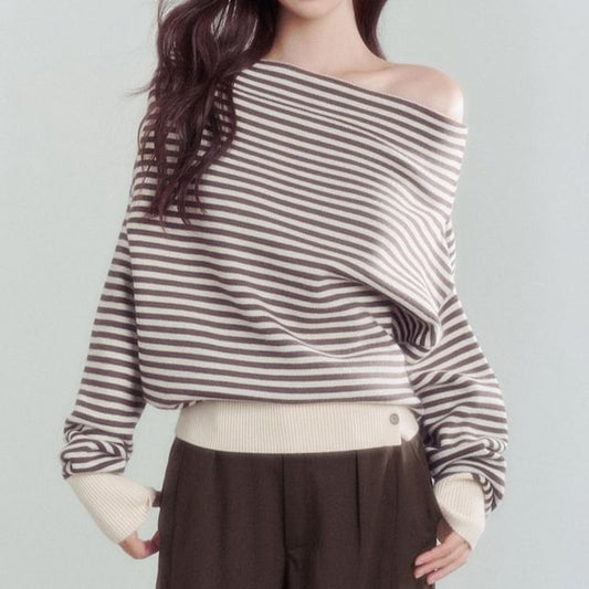 Off-Shoulder Striped Sweater / Mid Waist Plain Wide Leg Pants