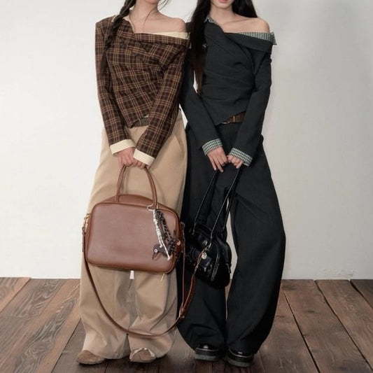 Long-Sleeve One-Shoulder Asymmetrical Blouse / High Waist Plain Wide Leg Pants