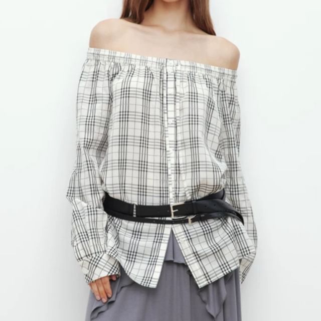 Long-Sleeve Off-Shoulder Plaid Blouse