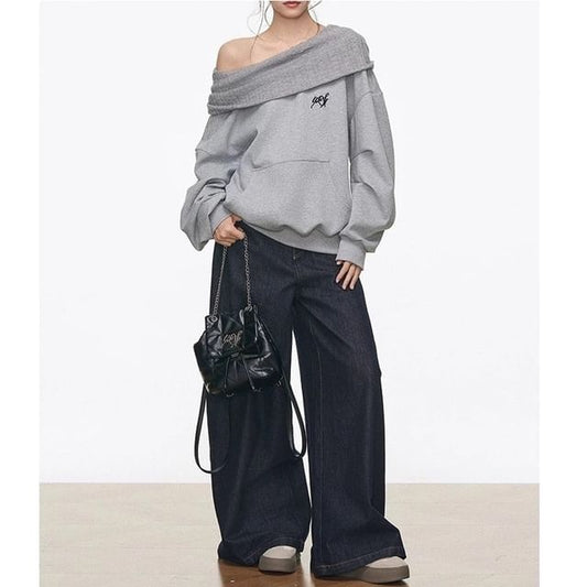 One-Shoulder Lettering Oversized Hoodie / High Waist Wide Leg Jeans