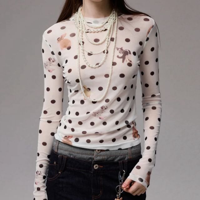 Long-Sleeve Crew Neck Dotted T-Shirt