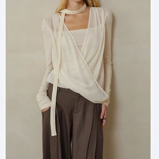 Long-Sleeve V-Neck Plain Mock Two-Piece Knit Top / Mid Rise Striped Wide Leg Pants