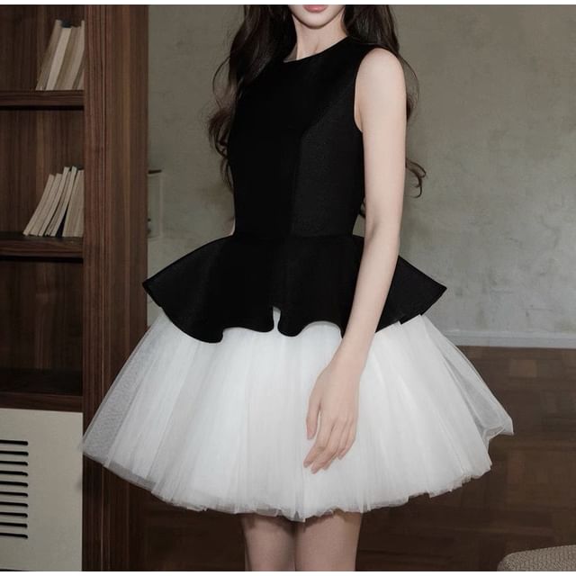 Sleeveless Crew Neck Two Tone Mesh Panel Mini A-Line Dress