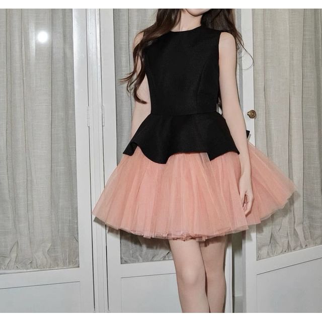 Sleeveless Crew Neck Two Tone Mesh Panel Mini A-Line Dress