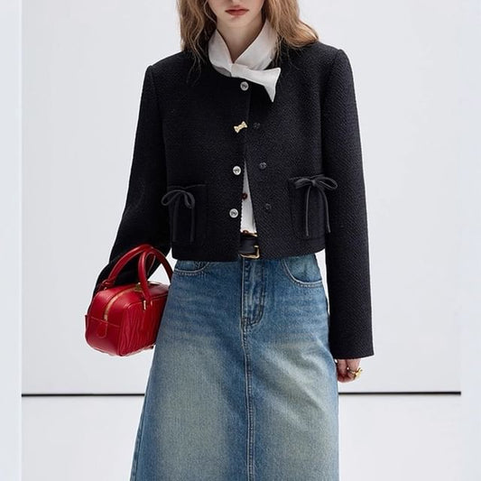 Plain Bow Pocket Detail Single-Breasted Jacket