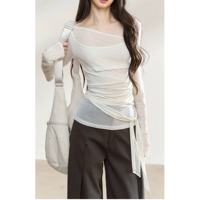 Long-Sleeve Asymmetrical Neck Plain Tie Waist Tee / High Rise Wide Leg Pants