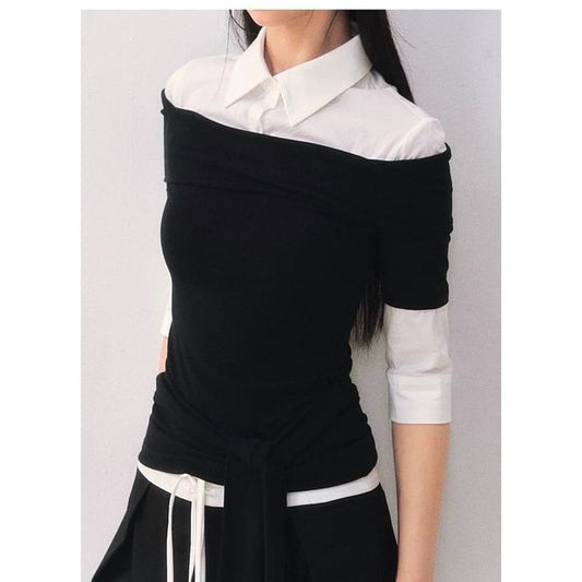 Elbow-Sleeve Collar Two Tone Mock Two-Piece T-Shirt