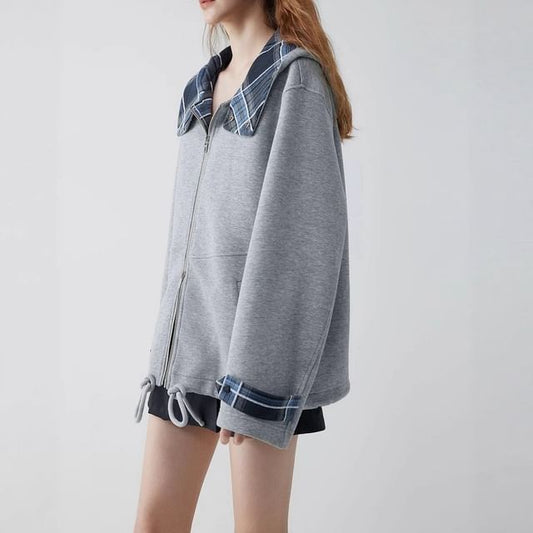Plain Plaid Panel Hooded Zip Jacket
