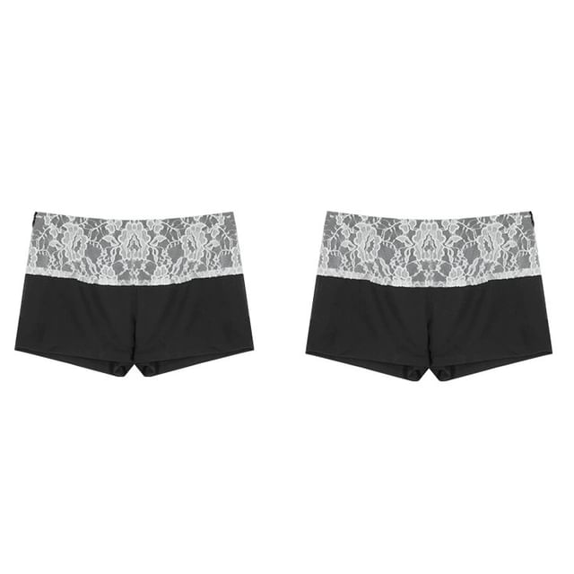 V-Neck Plain Contrast Trim Pointelle Knit Sweater / Low Rise Lace Trim Hot Pants